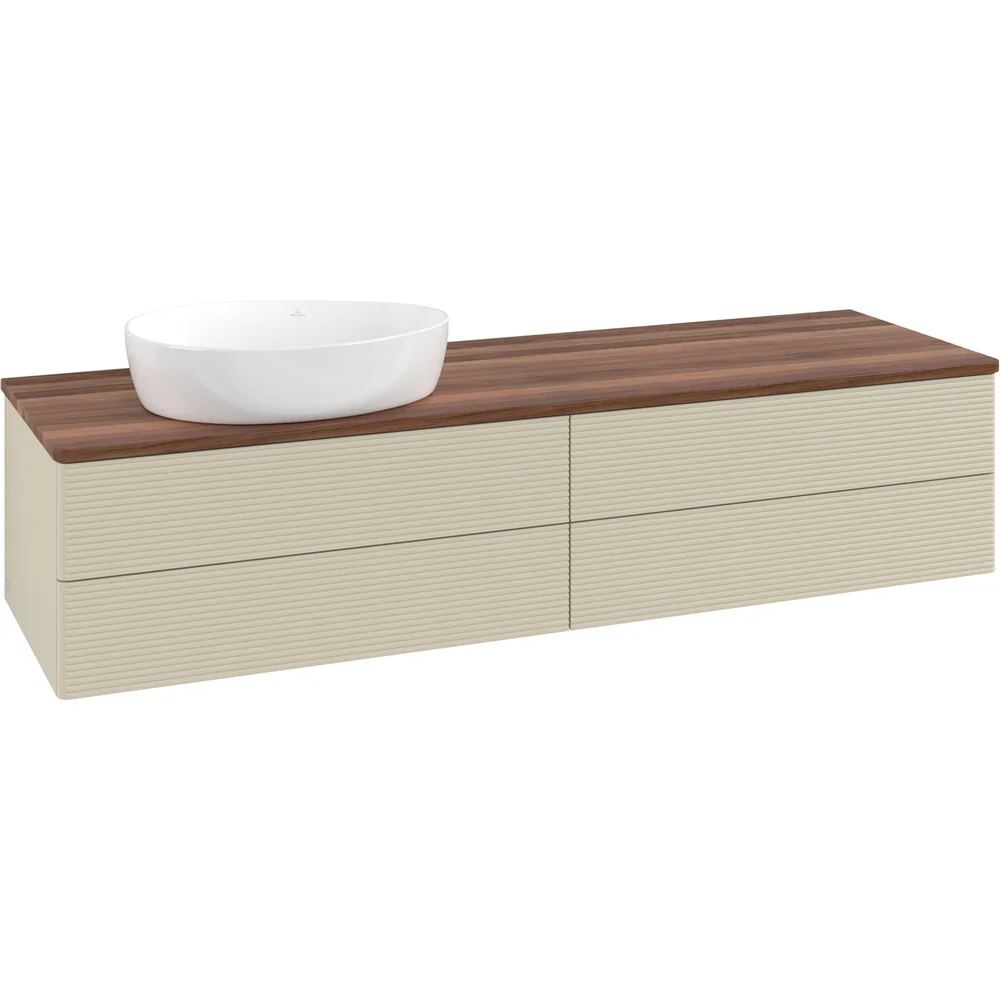 V&B ANTAO SERVANTSKAP 4 SKUFFER RILLET 1600X360X500 VENSTRE U/KRANHULL M/LYS SILKEGRÅ/VALNØTT v:3592771