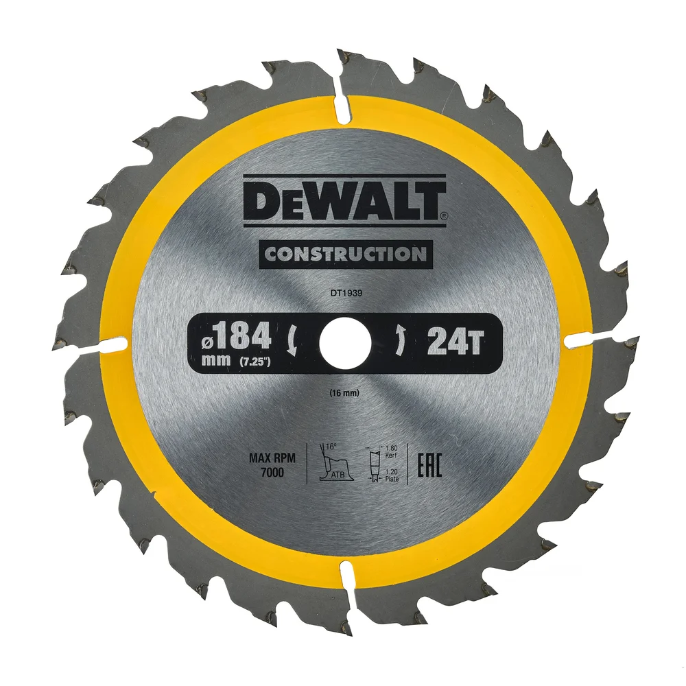 Dewalt Sirkelsagblad for tre & komposittmaterialer, 184×16 mm, 24T, DT1939 v:6353465 Dewalt Sirkelsagblad for tre & komposittmaterialer, 184×16 mm, 24T, DT1939 v:6353465