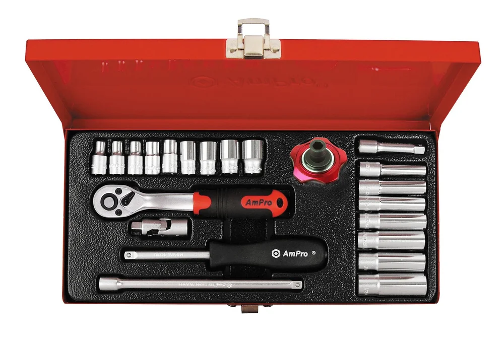 AMPRO PIPENØKKELSETT 1/4" – 22 v:8906930
