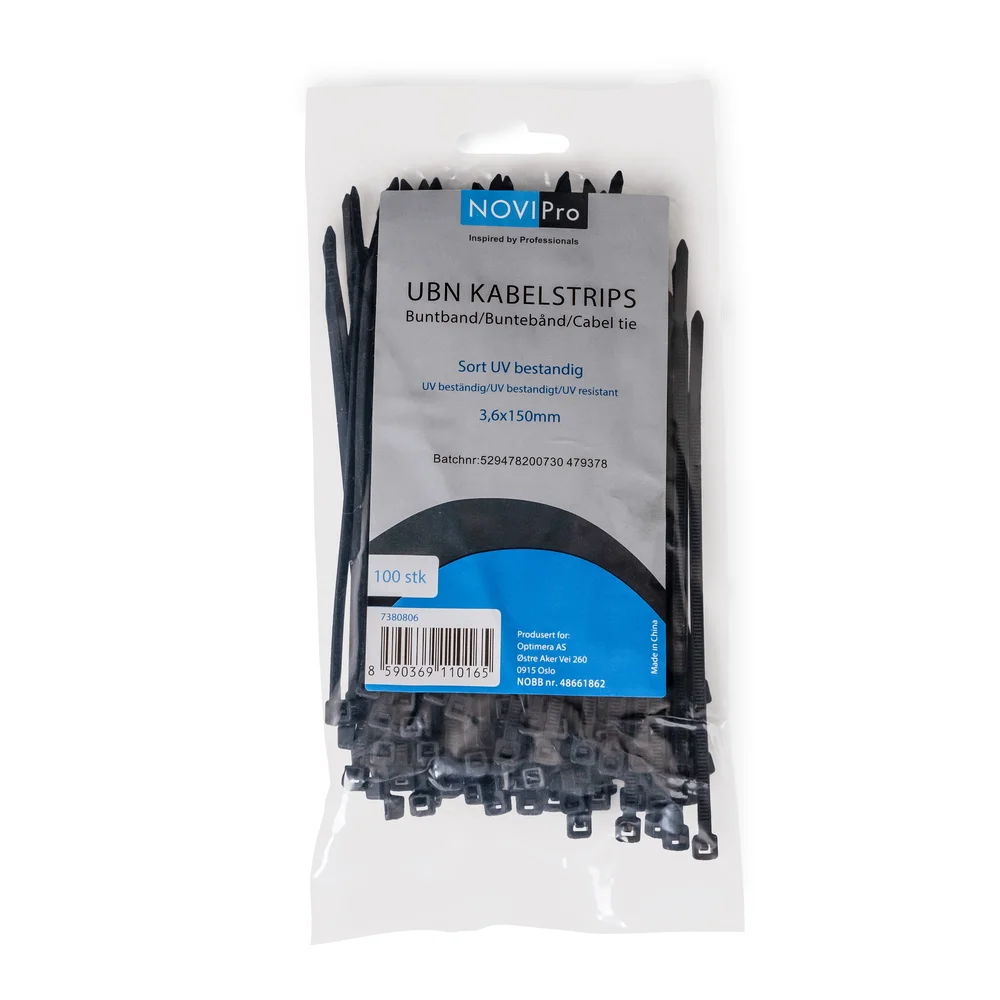 Kabelstrips ubn 3,6×150 sort novipro uv-stabilisert 100 stk v:2706423 Kabelstrips ubn 3,6×150 sort novipro uv-stabilisert 100 stk v:2706423